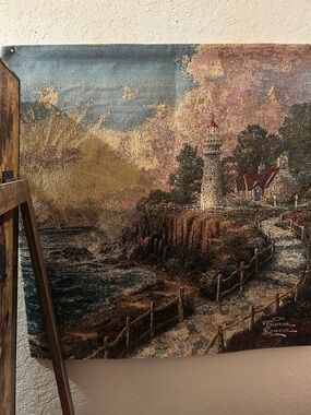 Thomas Kinkade Lighthouse Tapestry in Blue, Brown & Cream